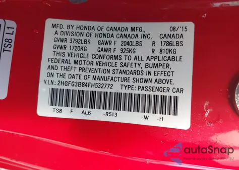 2015 Honda Civic Ex из США, поврежденный, VIN 2HGFG3B84FH532772